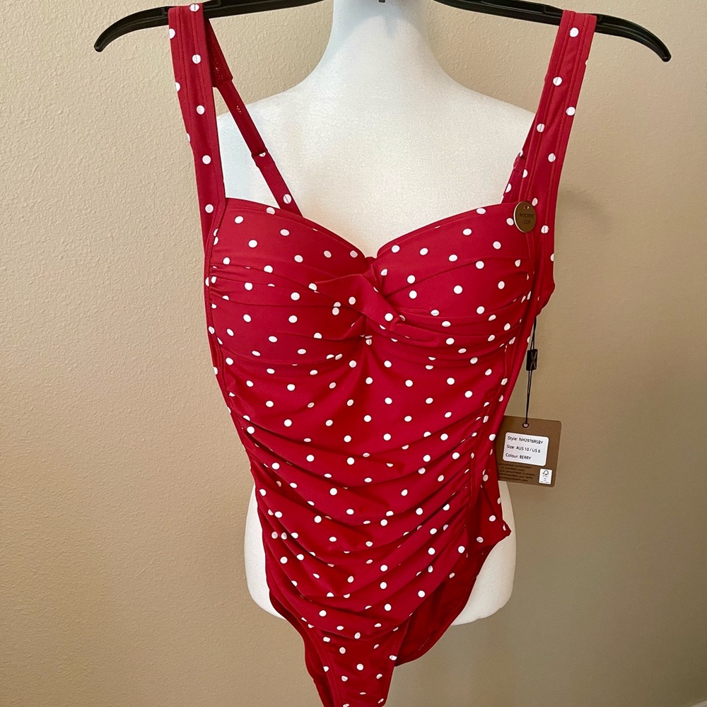 NEW! Nip Tuck Berry Red with White Polka Dot One Piece Swimsuit - Size 6 Misses